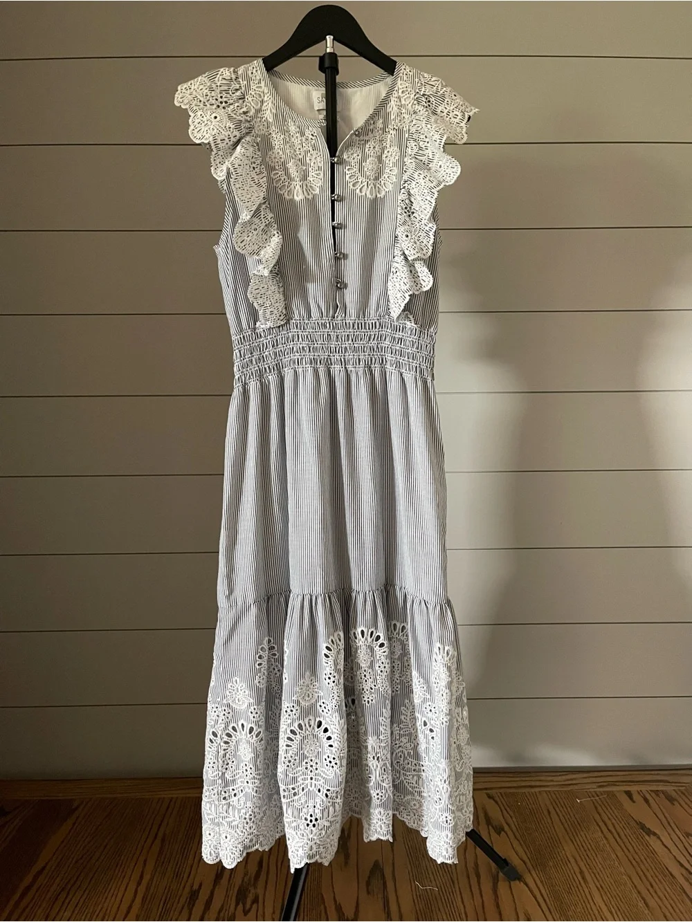 SAYLOR Maliyah White Dress with Gray Pinstripes and Lace Eyelet - Picture 3 of 6